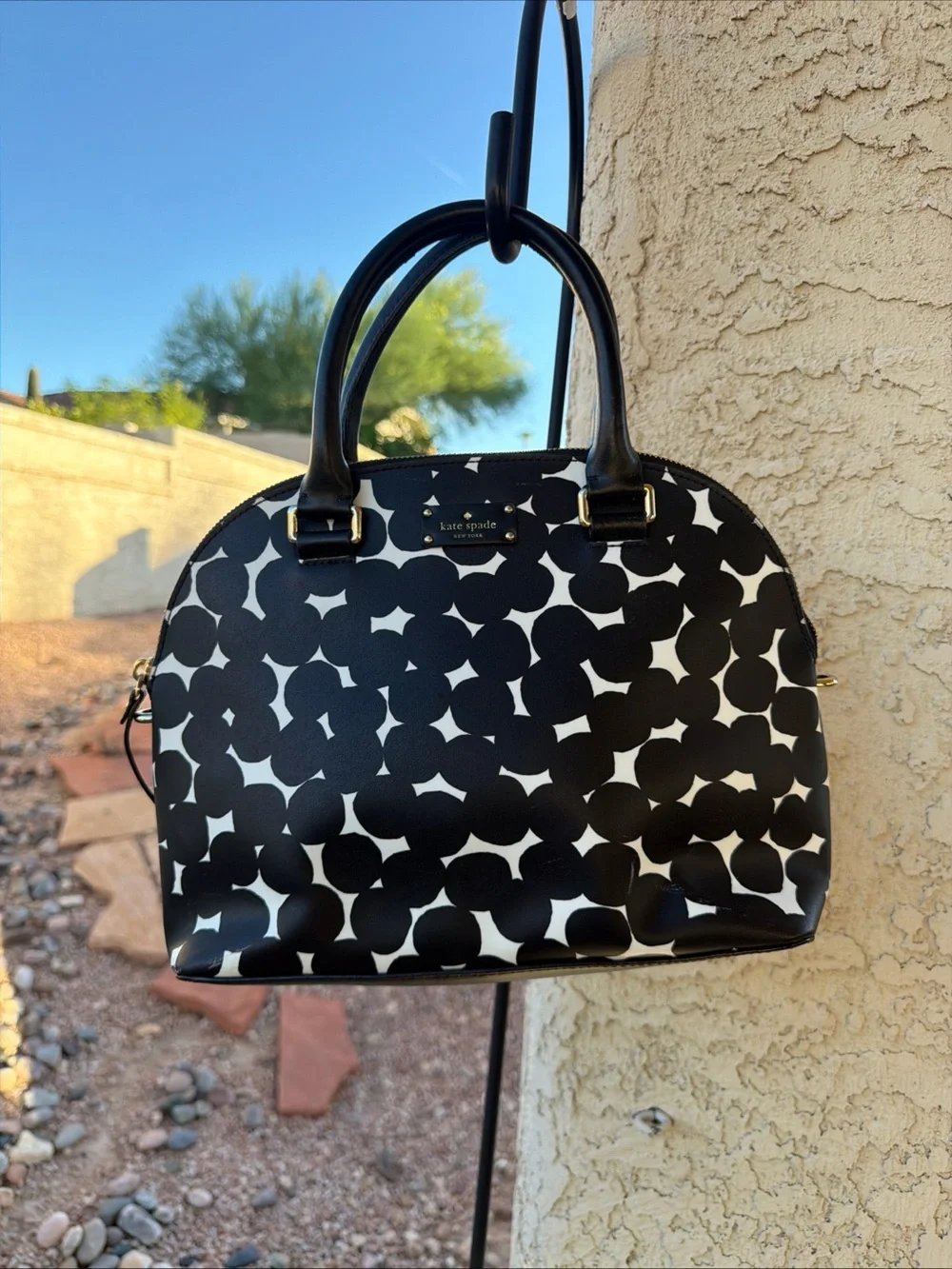 Kate Spade Black White Dot Print Dome Satchel Hand Bag M Medium
